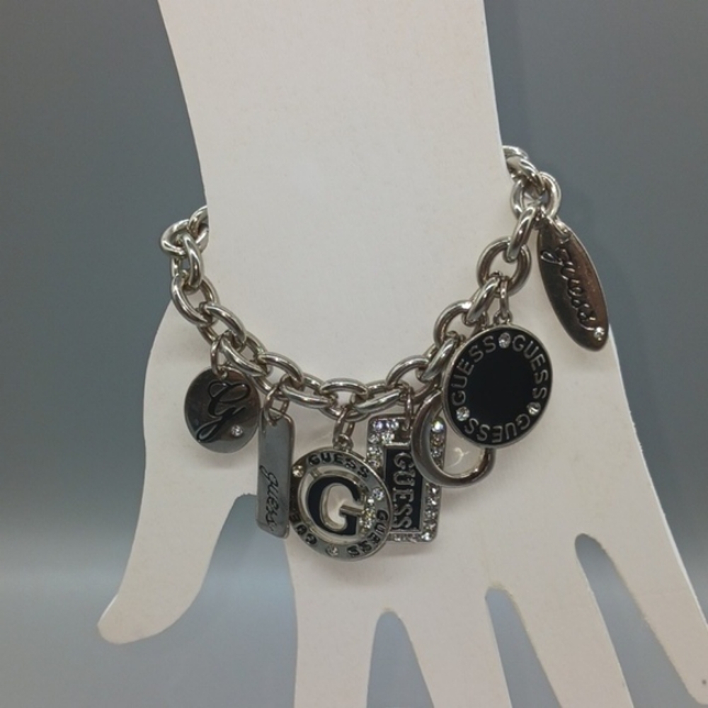 GUESS BRACELET Silver & Rhinestone  BLACK with Logo Charms